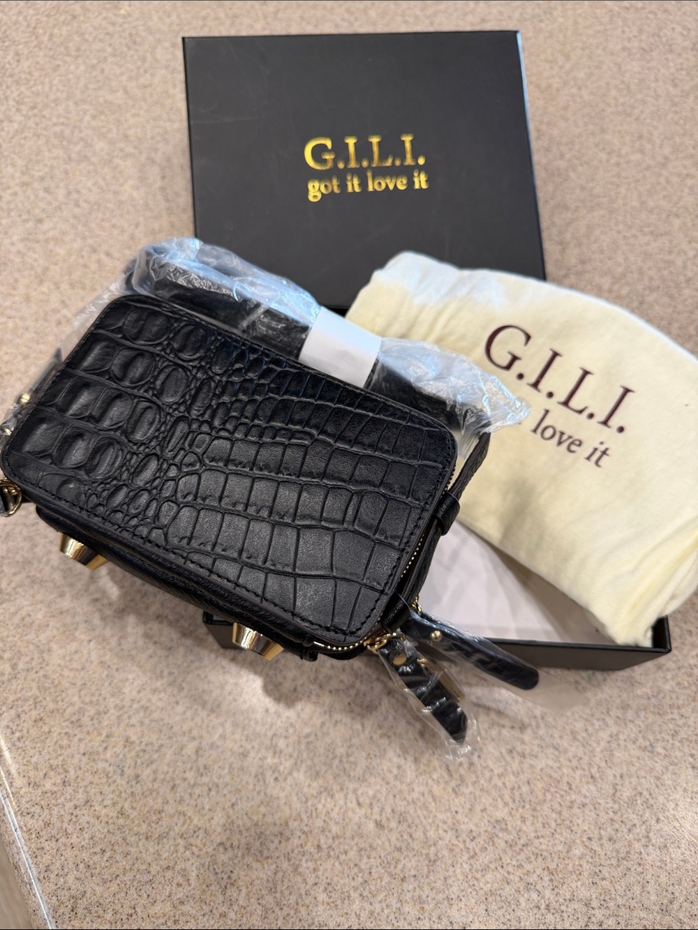 G.I.L.I. Black Croc-Embossed Mini Crossbody with Gold Hardware